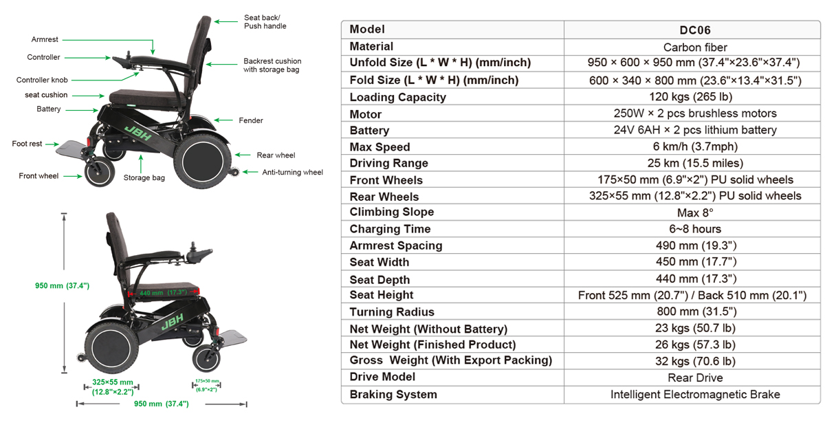 JBH karbon fiber tekerlekli sandalye DC06